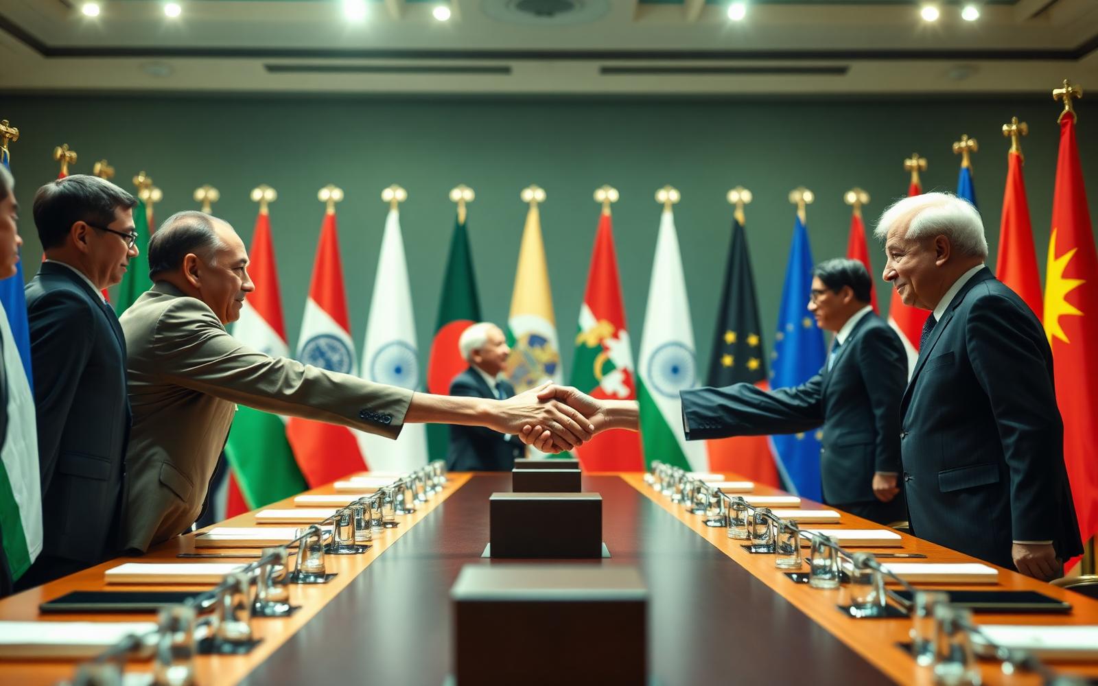 World leaders shake hands at diplomatic summit